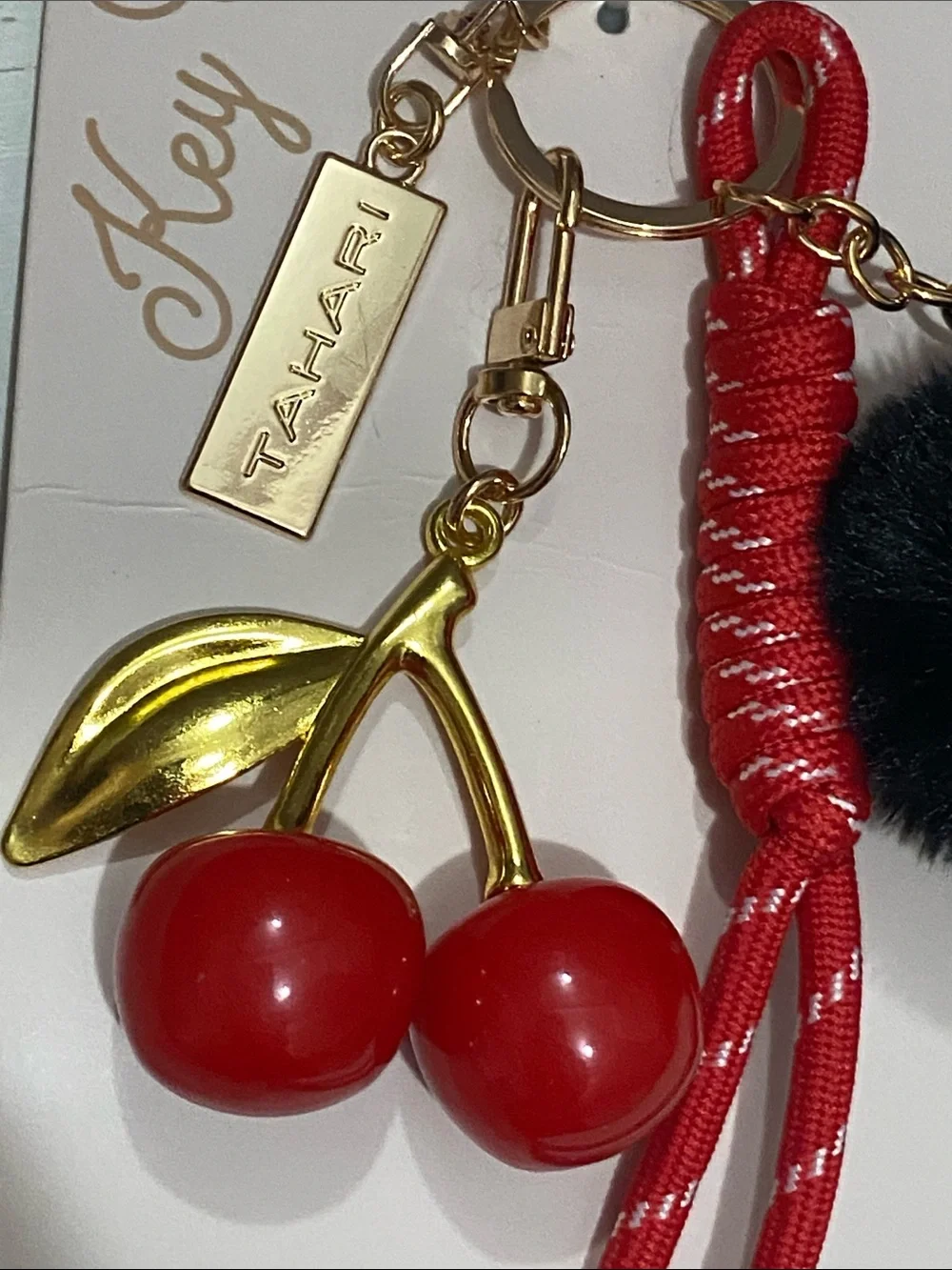 Tahari - Black Fur Heart with Red Cherry & Gold Accents Bag Charm